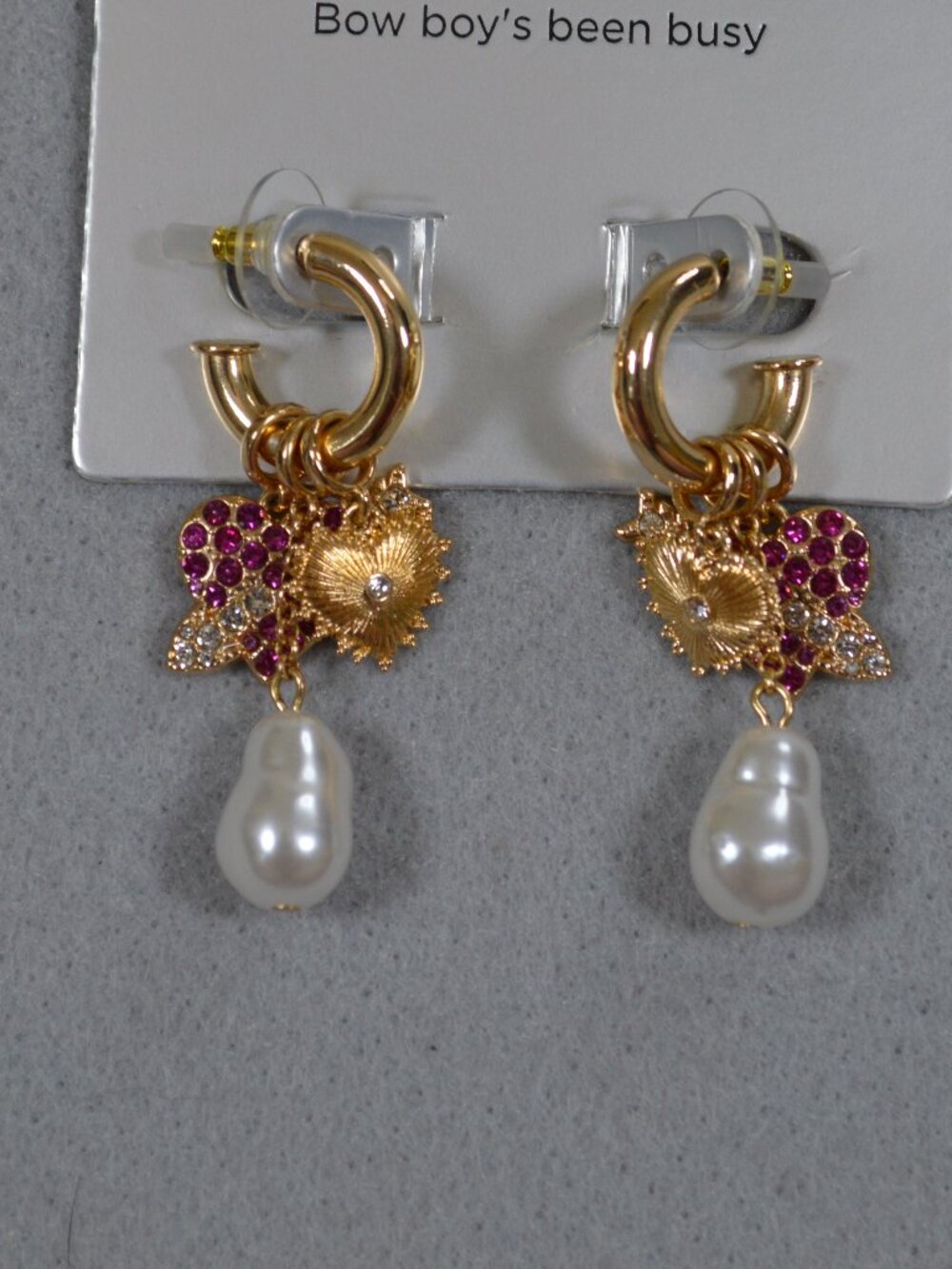 💖 Sugarfix BaubleBar Cupid Earrings Pink Gold Bow Pearl NWT - Picture 5 of 7